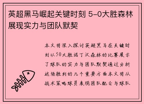 英超黑马崛起关键时刻 5-0大胜森林展现实力与团队默契