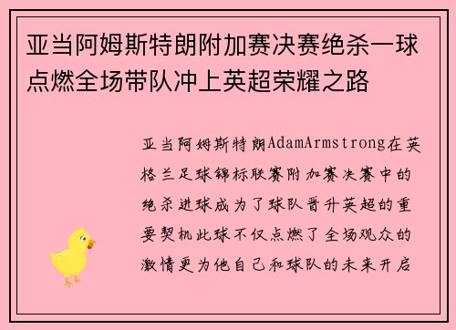 亚当阿姆斯特朗附加赛决赛绝杀一球点燃全场带队冲上英超荣耀之路 亚当阿姆斯特朗附加赛决赛绝杀一球点燃全场带队冲上英超荣耀之路