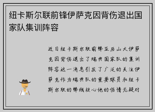 纽卡斯尔联前锋伊萨克因背伤退出国家队集训阵容