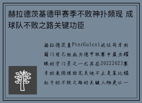 赫拉德茨基德甲赛季不败神扑频现 成球队不败之路关键功臣